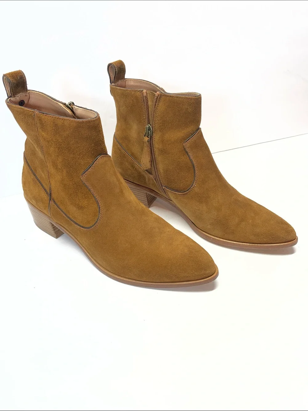 Veronica Beard Suede Ankle Booties in Cognac Brown
